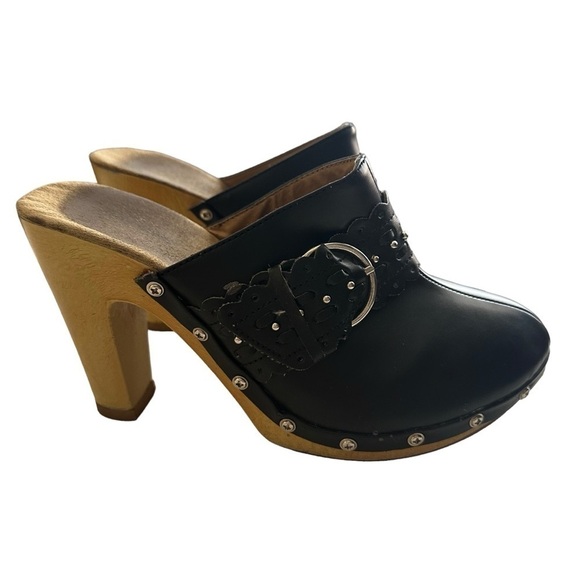 Vintage Top Moda Wooden Clog Heel Women's 7 Black Silver 90's - Picture 1 of 10